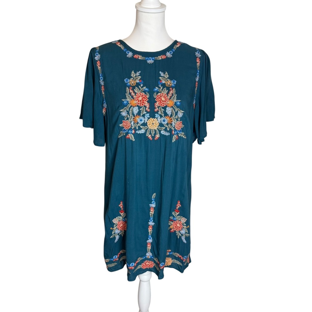entro Teal Mini Dress with Multicolor Floral Embroidery